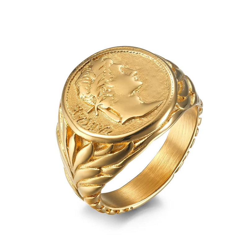 Roman caio júlio césar cabeça anéis de aço inoxidável do vintage moeda jules césar anel para homem masculino guerreiro jóias