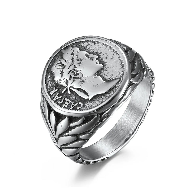 Roman caio júlio césar cabeça anéis de aço inoxidável do vintage moeda jules césar anel para homem masculino guerreiro jóias