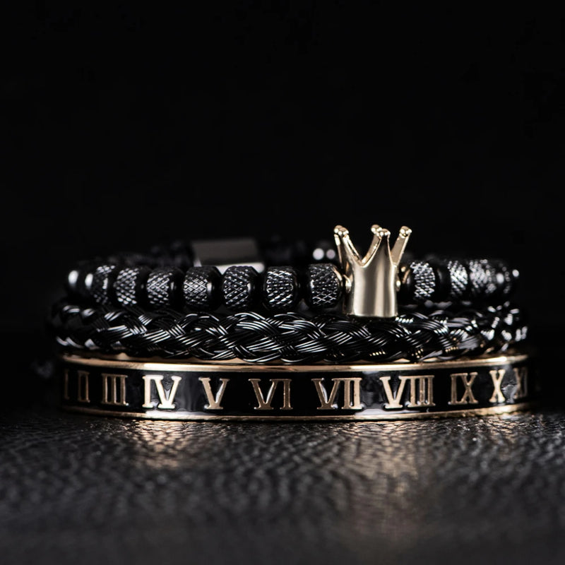 Pulseira Romana Luxo com Charme de Coroa – Estilo Imperial para Homens com Presença