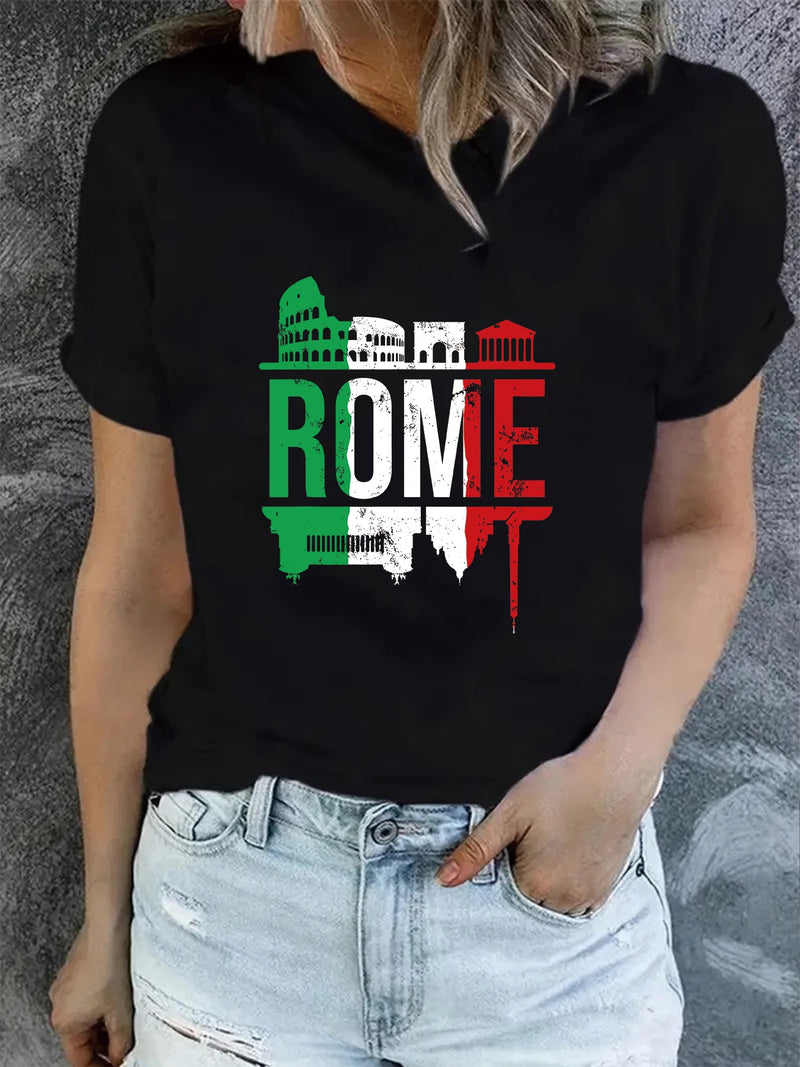 ROMA-Camiseta feminina de manga curta com gola redonda, design arquitetônico criativo, camiseta gráfica de verão