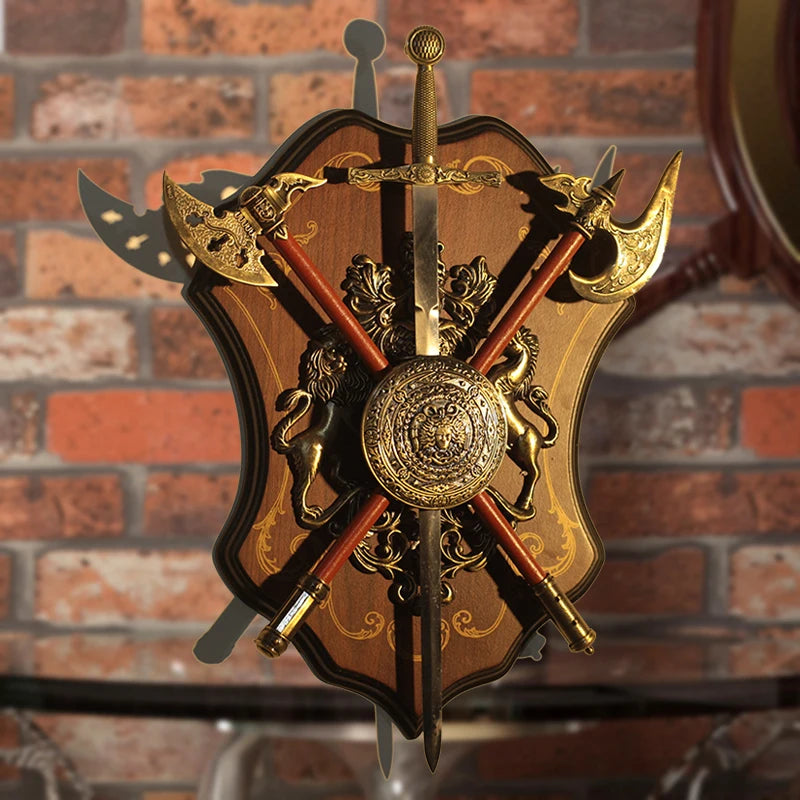 Antigo Escudo de Espada Sparta Romano, Escudo Antigo com Armadura, Leão do Machado Medieval, Decoração de Parede Pendurada, Artesanato para KTV Bar Wall, Ornamento