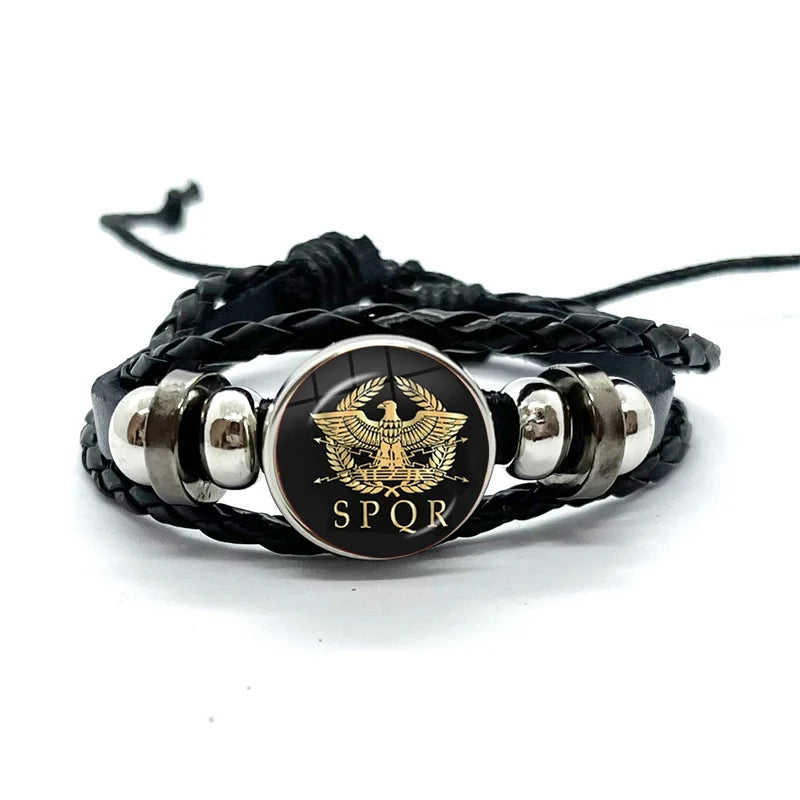 Spqr Império Romano Legiões Pulseiras De Couro Preto, Cúpula De Vidro, Multicamadas Pulseiras Trançadas, Presentes De Jóias