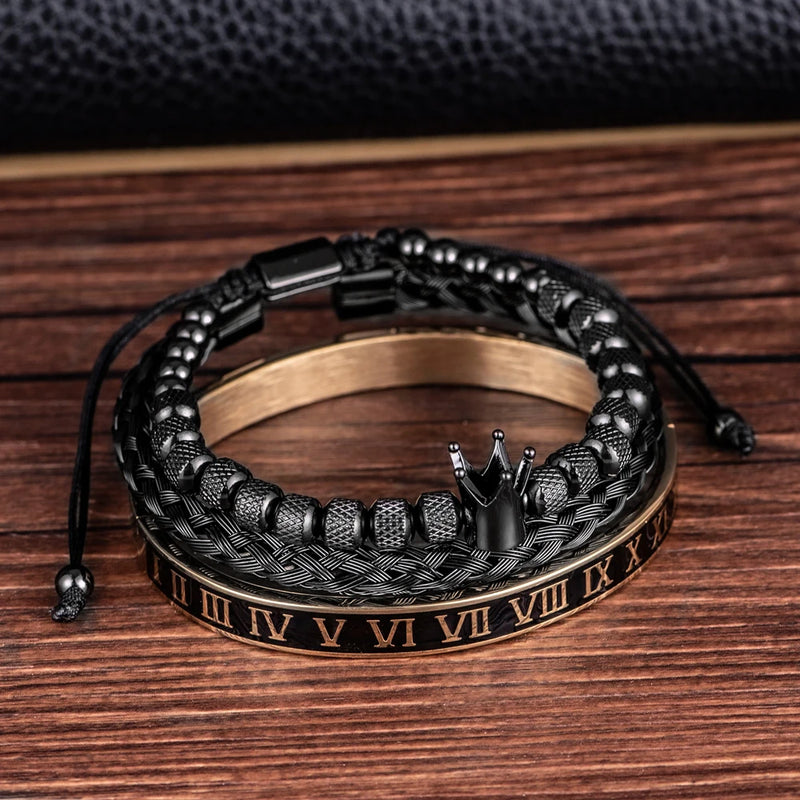 Pulseira Romana Luxo com Charme de Coroa – Estilo Imperial para Homens com Presença