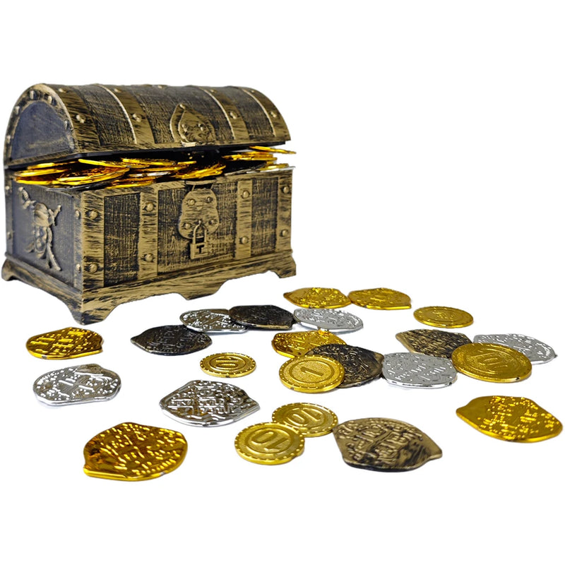 Baú de Tesouro Romano Antigo com Moedas de Ouro – Decoração Histórica e Diversão Temática