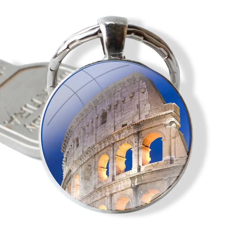 Chaveiro clássico para homens e mulheres, cabochão de vidro, pingente de metal, Coliseu, Roma, Itália