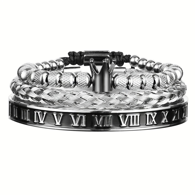 Pulseira Romana Luxo com Charme de Coroa – Estilo Imperial para Homens com Presença