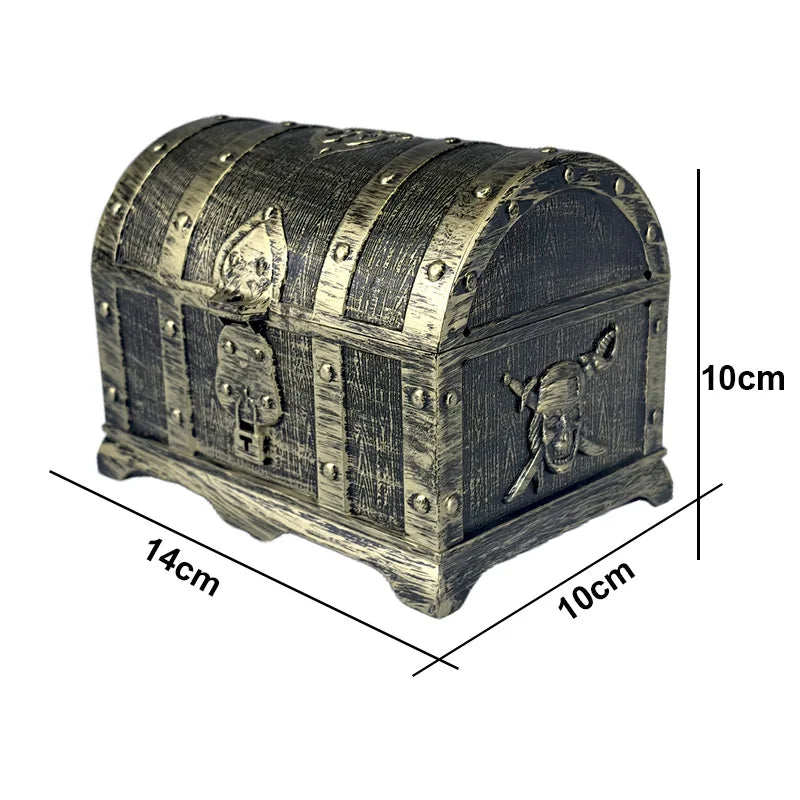 Caixa de peito de tesouro pirata, cor antiga, moedas de ouro pirata, moedas de ouro romanas, jogos de baú de tesouro, brinquedos, decorações de festa cosplay