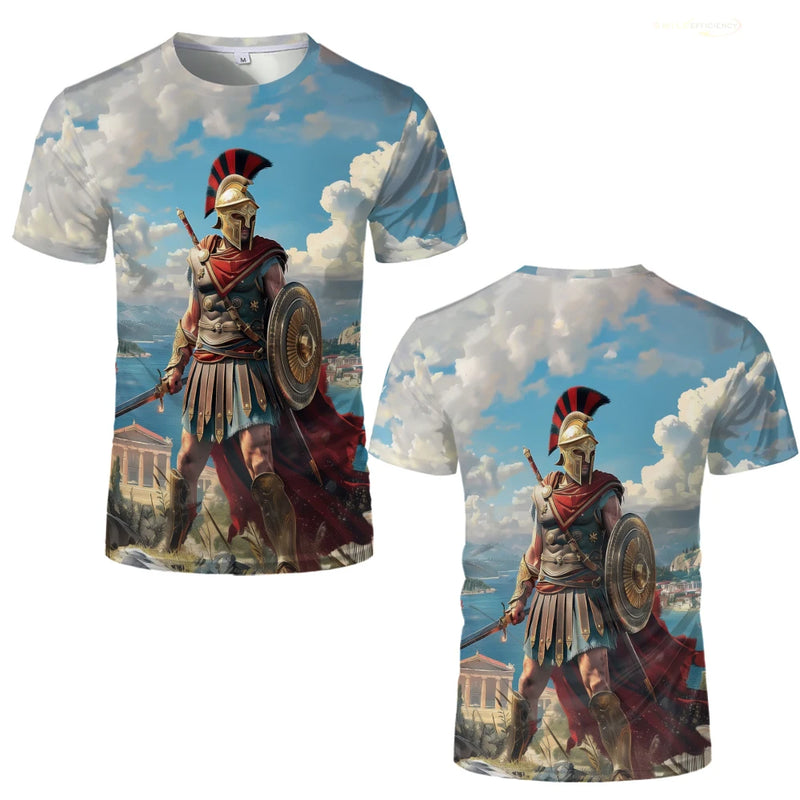 High Quality 100% Cotton Roman Gladiator Graphic T-Shirt Summer Printed Soldier Spartan T Shirt Men's Casual Unisex Kid's Tops