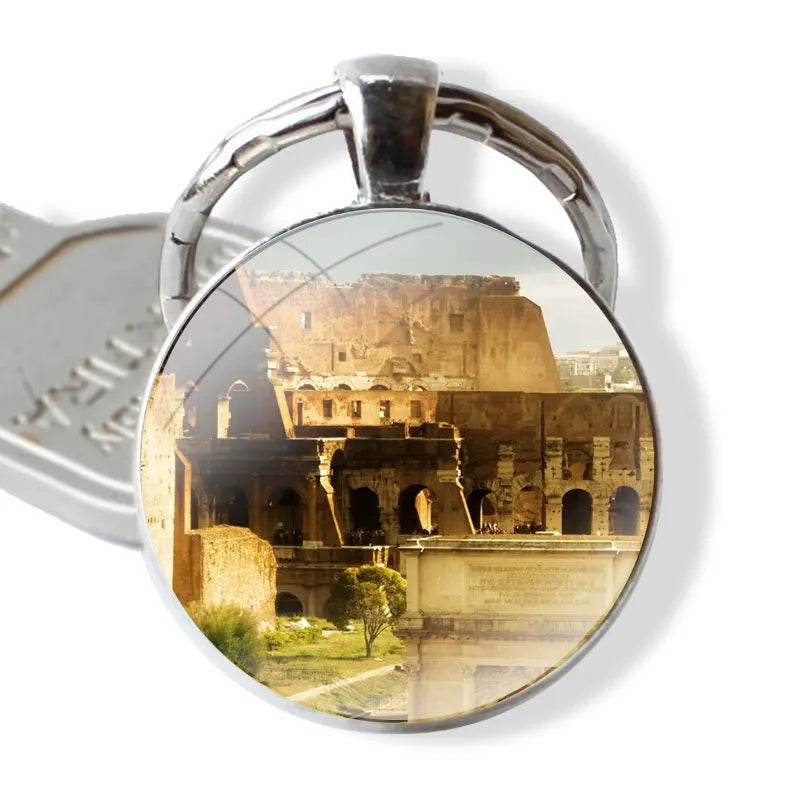 Chaveiro clássico para homens e mulheres, cabochão de vidro, pingente de metal, Coliseu, Roma, Itália
