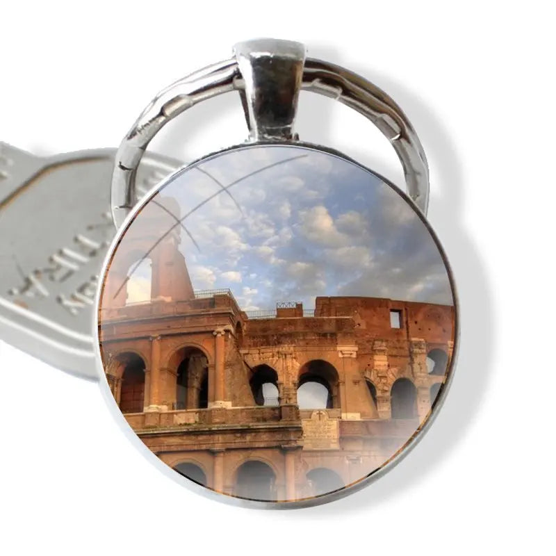 Chaveiro clássico para homens e mulheres, cabochão de vidro, pingente de metal, Coliseu, Roma, Itália