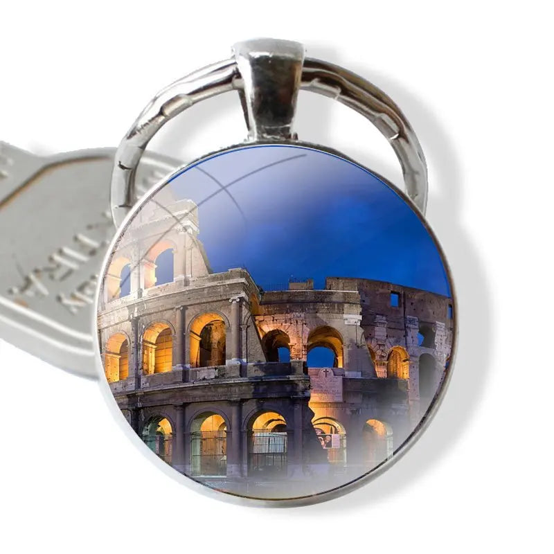 Chaveiro clássico para homens e mulheres, cabochão de vidro, pingente de metal, Coliseu, Roma, Itália