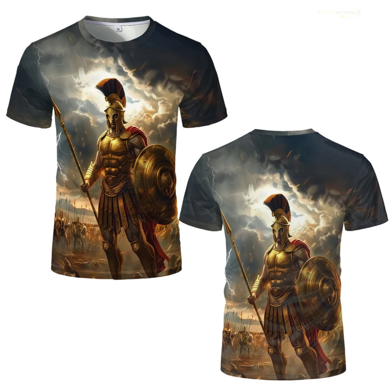 High Quality 100% Cotton Roman Gladiator Graphic T-Shirt Summer Printed Soldier Spartan T Shirt Men's Casual Unisex Kid's Tops