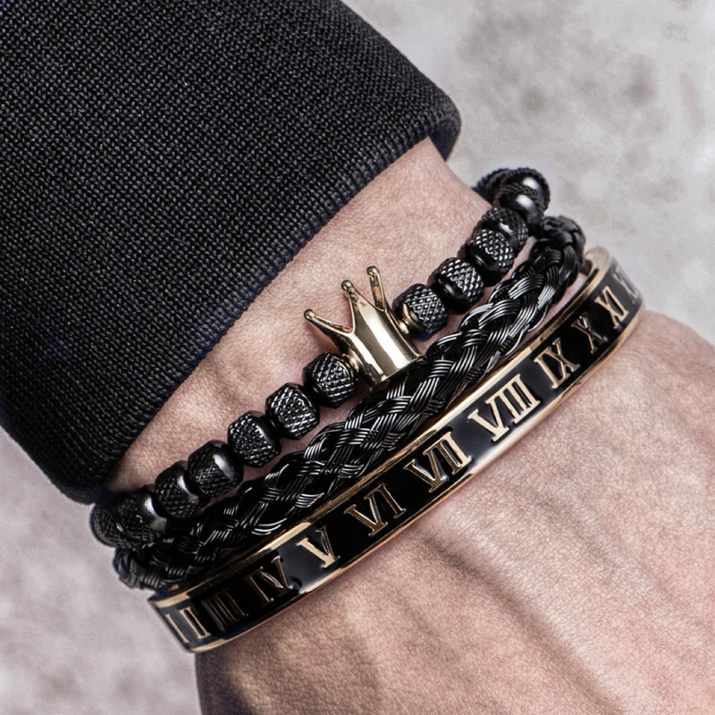 Pulseira Romana Luxo com Charme de Coroa – Estilo Imperial para Homens com Presença