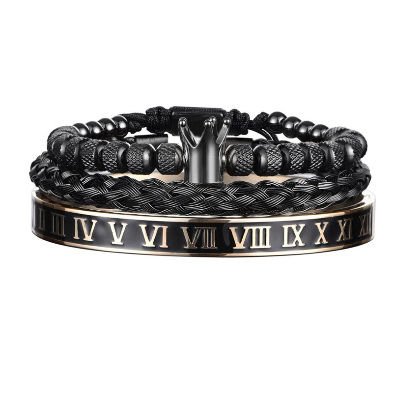 Pulseira Romana Luxo com Charme de Coroa – Estilo Imperial para Homens com Presença