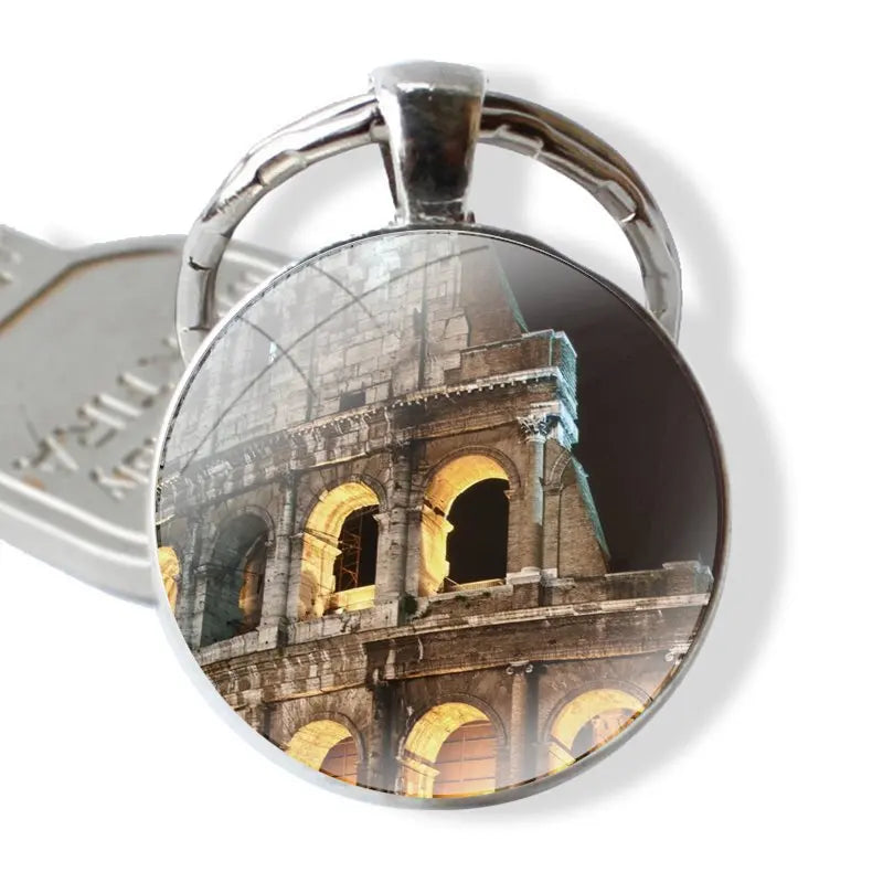 Chaveiro clássico para homens e mulheres, cabochão de vidro, pingente de metal, Coliseu, Roma, Itália