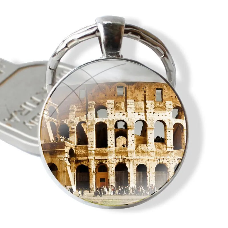 Chaveiro clássico para homens e mulheres, cabochão de vidro, pingente de metal, Coliseu, Roma, Itália