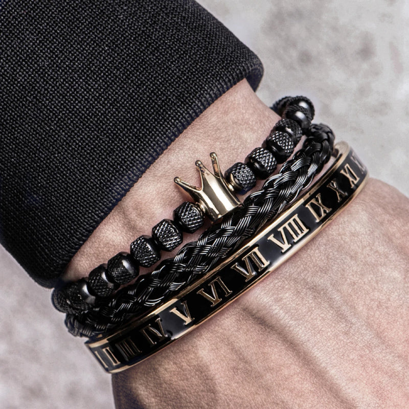 Pulseira Romana Luxo com Charme de Coroa – Estilo Imperial para Homens com Presença