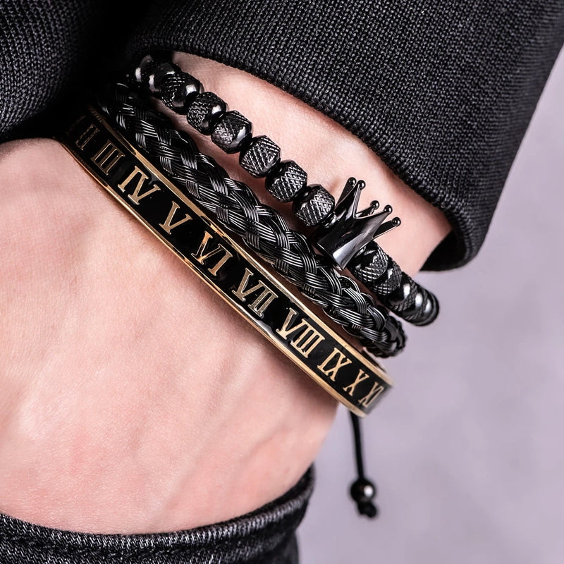 Pulseira Romana Luxo com Charme de Coroa – Estilo Imperial para Homens com Presença